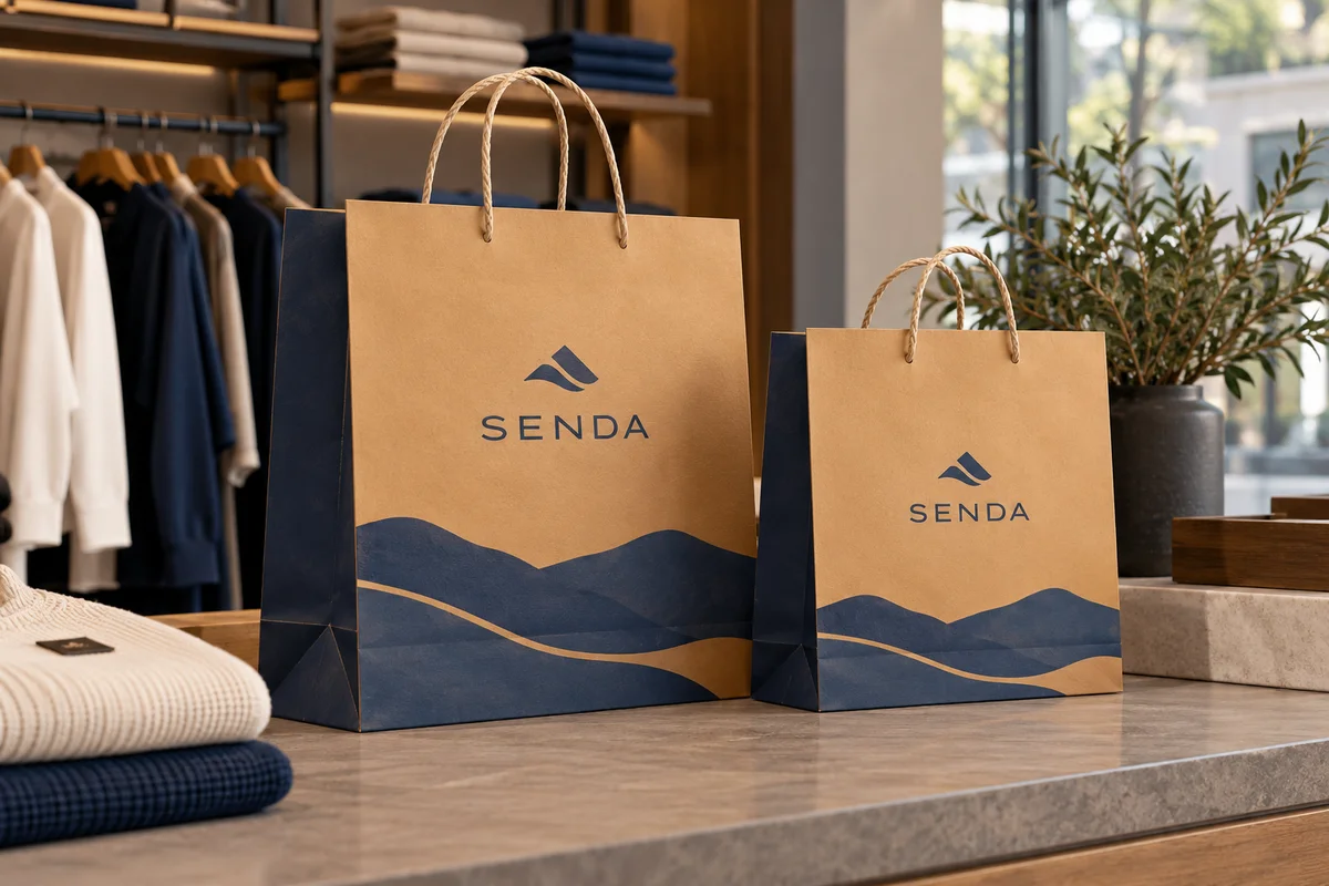 Bolsas de papel — mockup conceptual de la marca ficticia SENDA