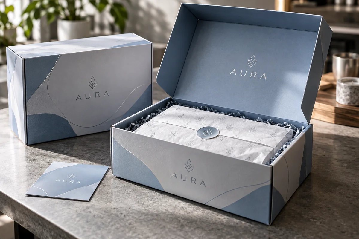 Cajas para productos — mockup conceptual de la marca ficticia AURA