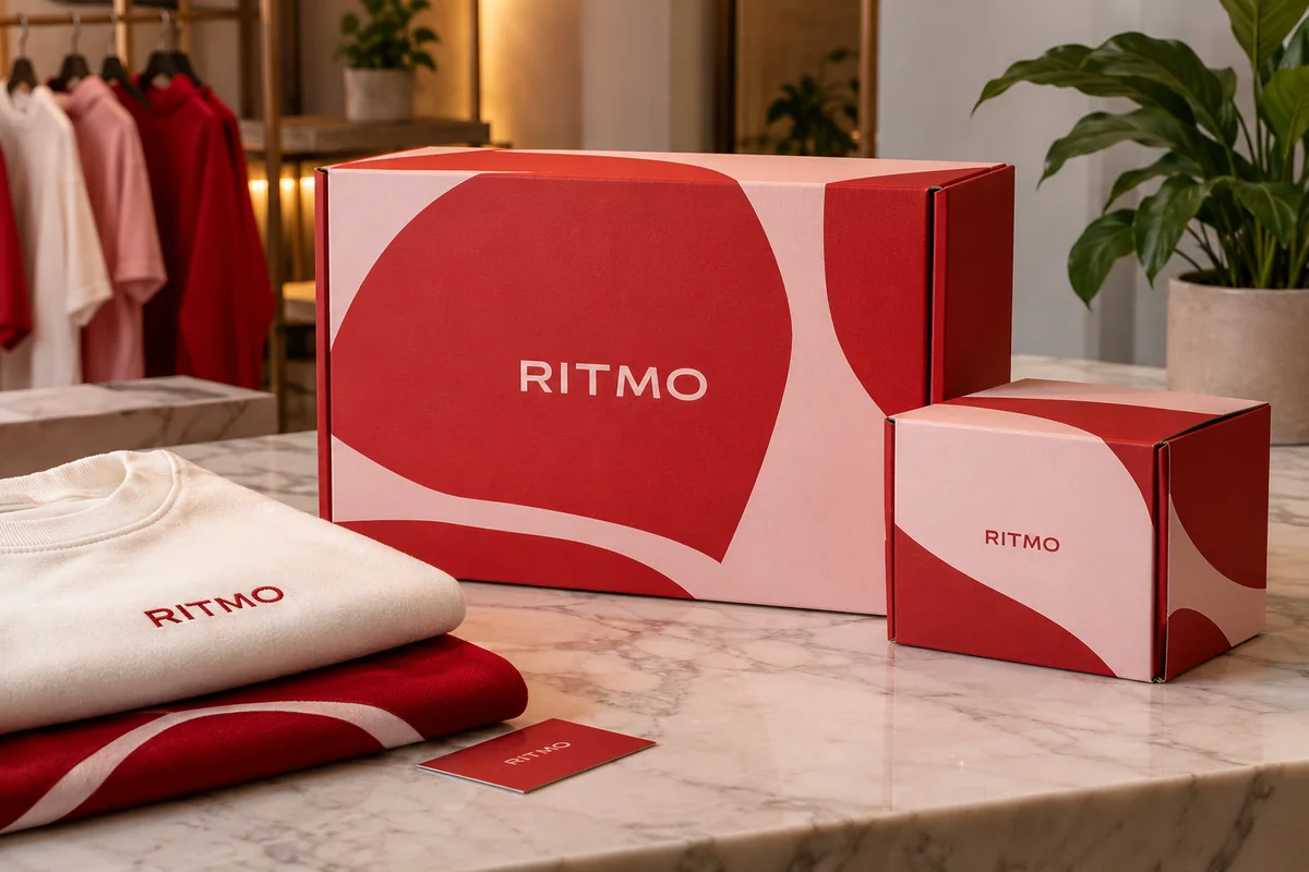 Cajas personalizadas — mockup conceptual de la marca ficticia RITMO