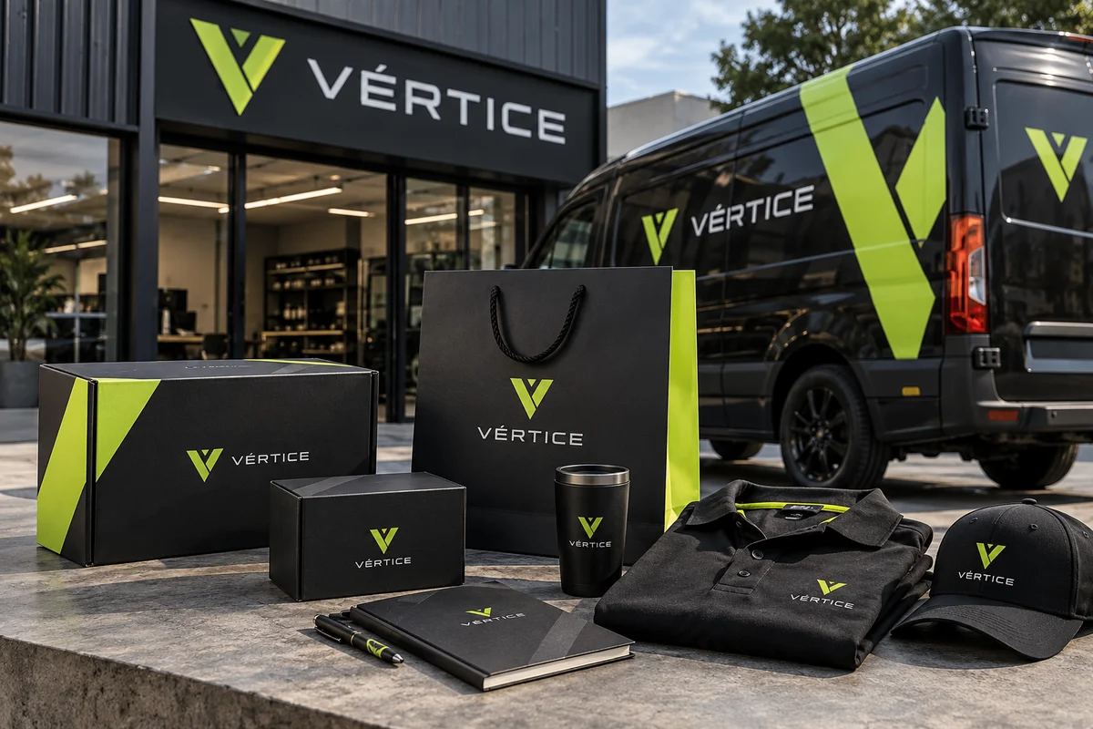 Empaques comerciales — mockup conceptual de la marca ficticia VÉRTICE