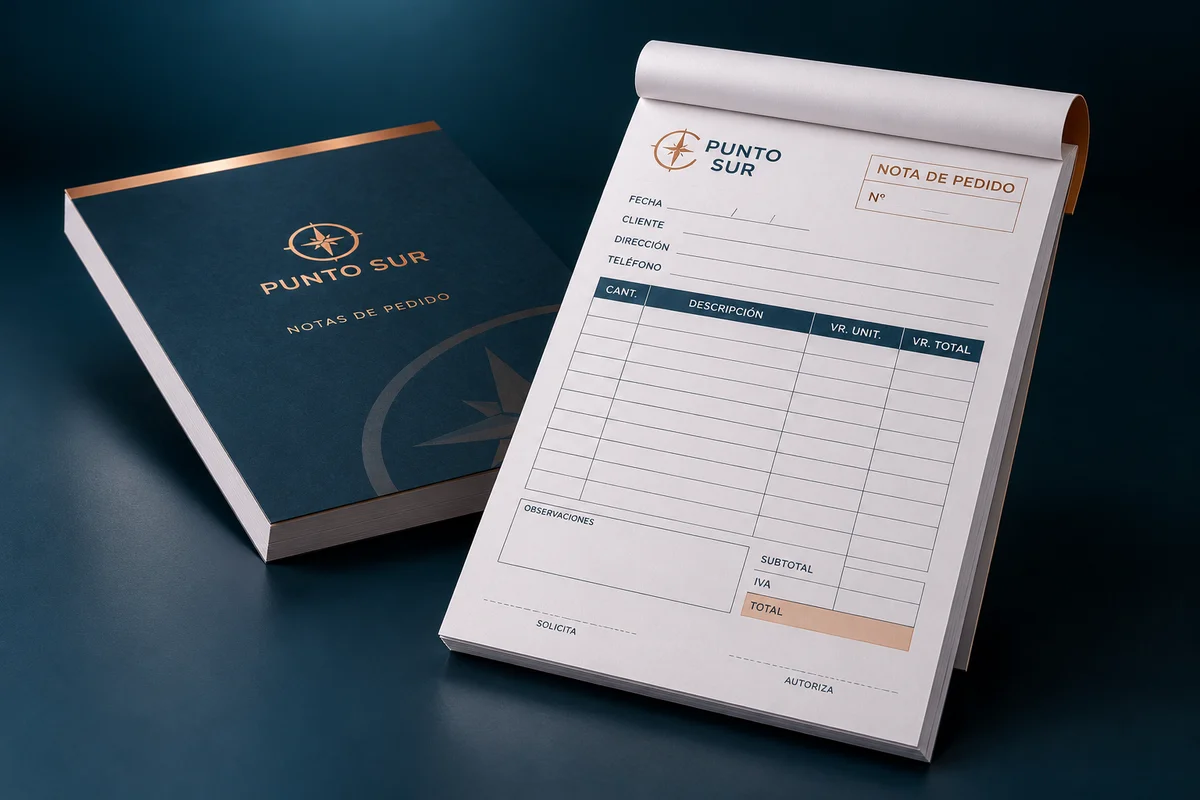 Notas de pedido — mockup conceptual de la marca ficticia PUNTO SUR