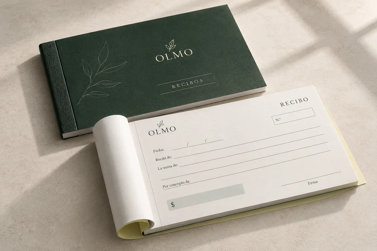 Recibos — mockup conceptual de la marca ficticia OLMO