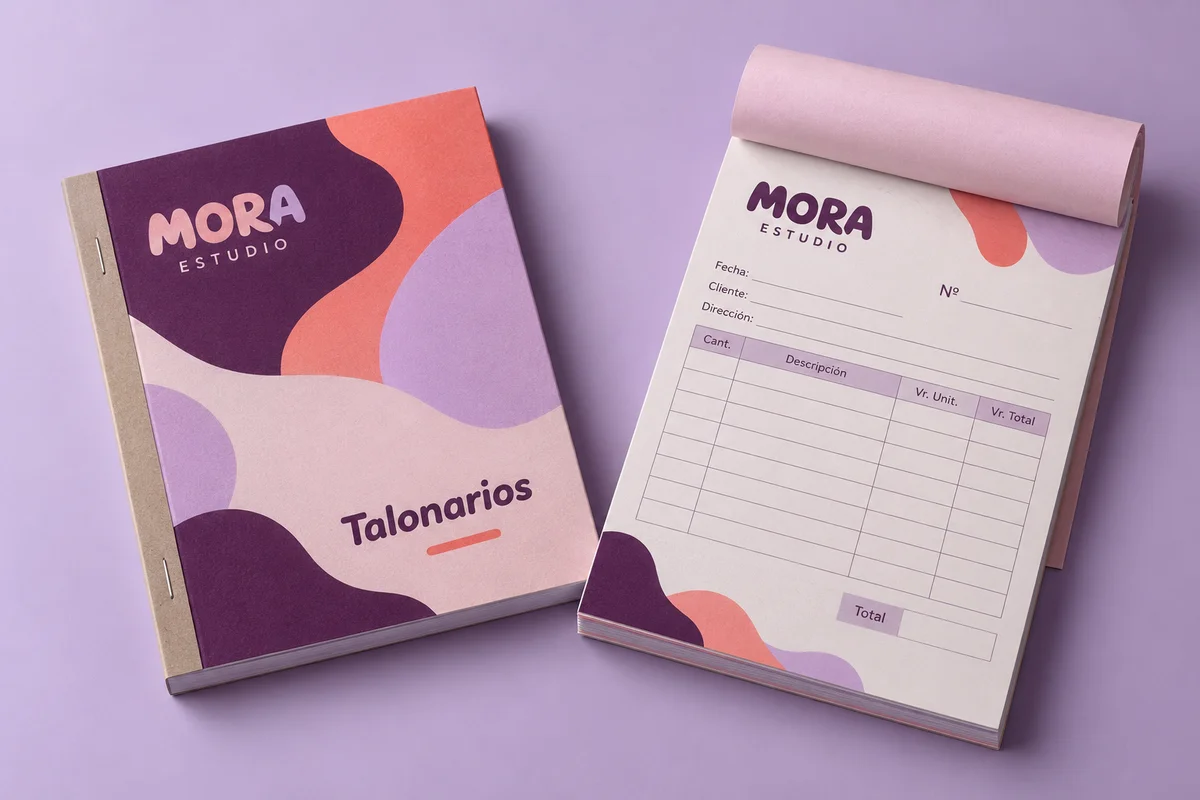 Talonarios — mockup conceptual de la marca ficticia MORA ESTUDIO