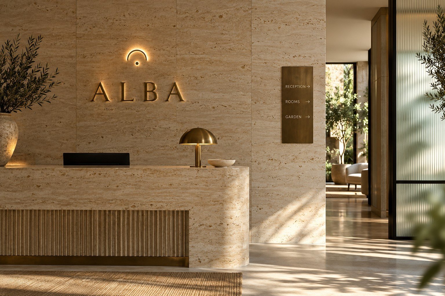 Concepto de señalización interior para la marca ficticia Alba